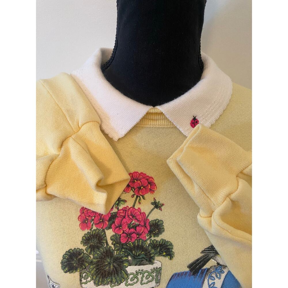 Vintage Morning Sun Cottagecore Yellow Crewneck Peter Pan Collar Bird & Floral - Picture 6 of 8
